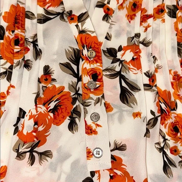 NY Collection Woman Orange Floral Button Up Mandarin Collar Blouse Size 2X - Picture 4 of 5